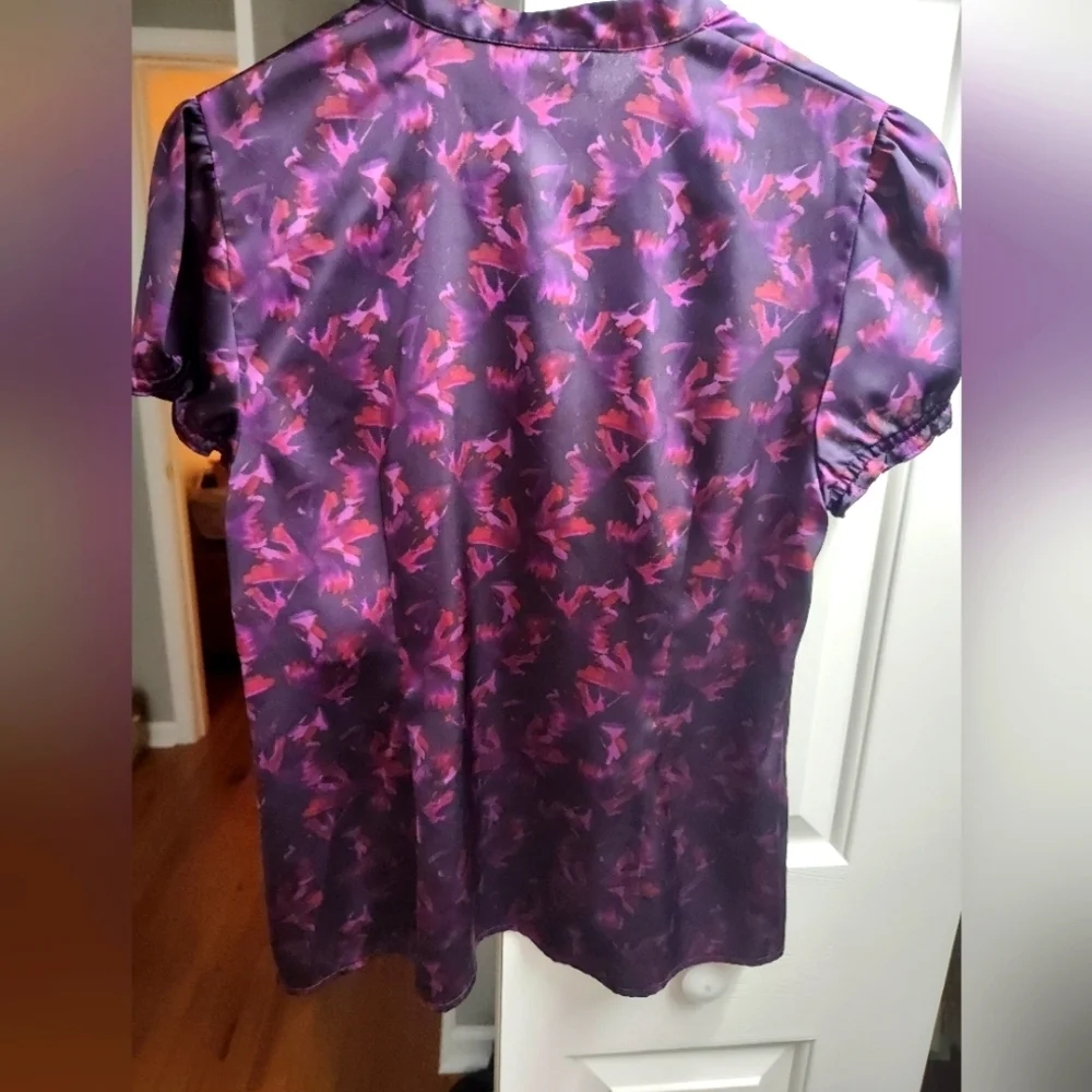 LOFT Purple Satin Ruffle-Front Blouse with Pink Floral Accent